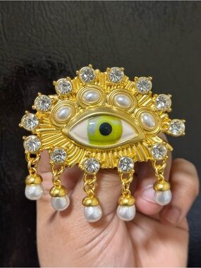 Schiaparelli Inspired Eye Statement Brooch with Green Center and Pearl Drops
